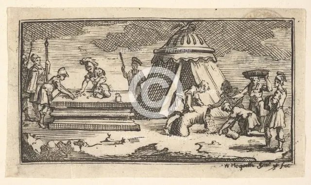 Issued Barley Instead of Wheat [first version] (John Beaver, Roman Military Punishme..., after 1725. Creator: William Hogarth.