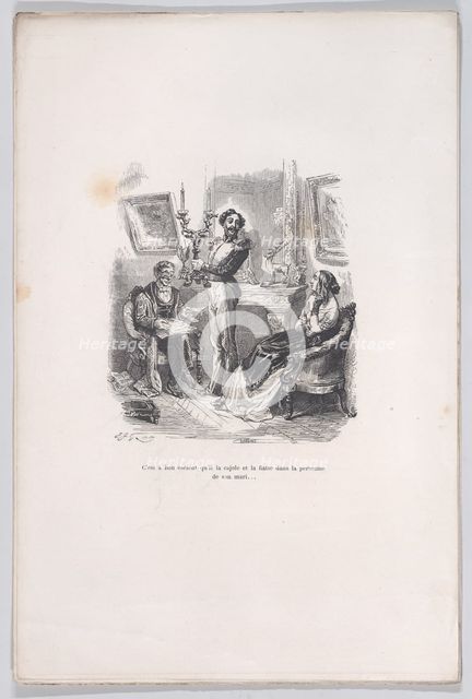 It is good that he coaxes and flatters her in front of her husband. from the Little Miseri..., 1843. Creator: Jean Ignace Isidore Gerard.