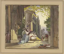 Italian terrace with girls and lute player, c1830-1870. Creator: Friedrich Nerly