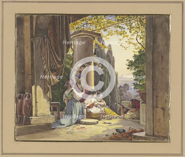 Italian terrace with girls and lute player, c1830-1870. Creator: Friedrich Nerly.