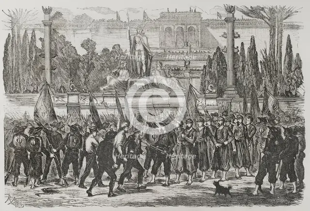 Italian troops taking possession of the Piazza del Popolo, 1871.  Creator: Celestino Sadurni.
