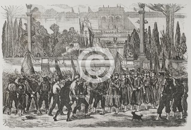 Italian troops taking possession of the Piazza del Popolo, 1871.  Creator: Celestino Sadurni.