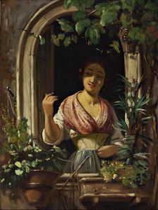 Italian woman waving from a window, end of the 1850s. Creator: Wilhelm Marstrand