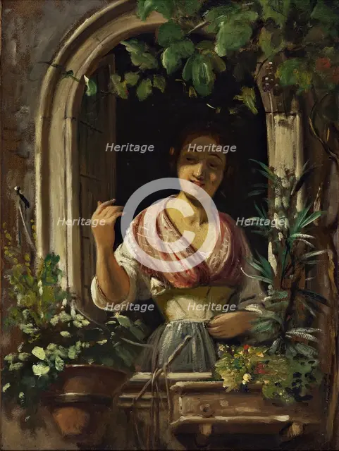 Italian woman waving from a window, end of the 1850s. Creator: Wilhelm Marstrand.