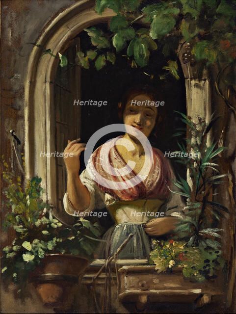 Italian woman waving from a window, end of the 1850s. Creator: Wilhelm Marstrand.