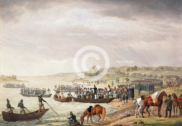 Italian Corps of Eugene de Beauharnais Crossing the Niemen on 30 June 1812, (1815).  Artist: Albrecht Adam