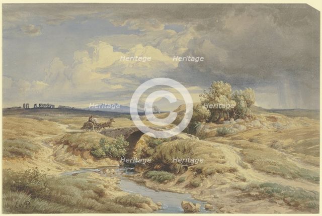 Italian countryside with aqueducts on the left, 1853. Creator: Eduard Wilhelm Pose.