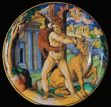 Italian earthenware plate with an image of Hercules and the Cretan bull, 16th century