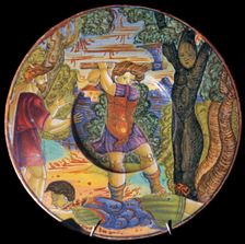 Italian earthenware plate, Erysichthon felling a tree in grove of Ceres, 16th century