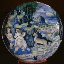 Italian earthenware plate showing Artemis turning Actaeon into a stag