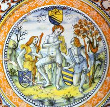 Italian earthenware plate showing Pan piping to two shepherds. Artist: Maestro Benedetto