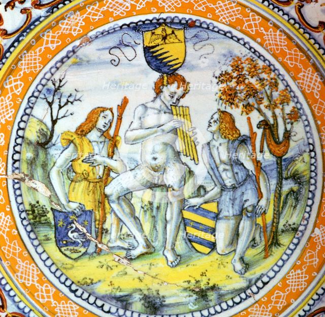Italian earthenware plate showing Pan piping to two shepherds. Artist: Maestro Benedetto