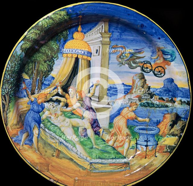 Italian earthenware plate showing Pelias being killed by his daughters, 16th century. Artist: Francesco Durantino