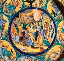 Italian earthenware plate showing the birth of Hercules