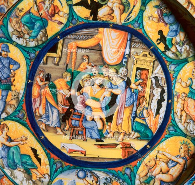 Italian earthenware plate showing the birth of Hercules. Artist: Unknown