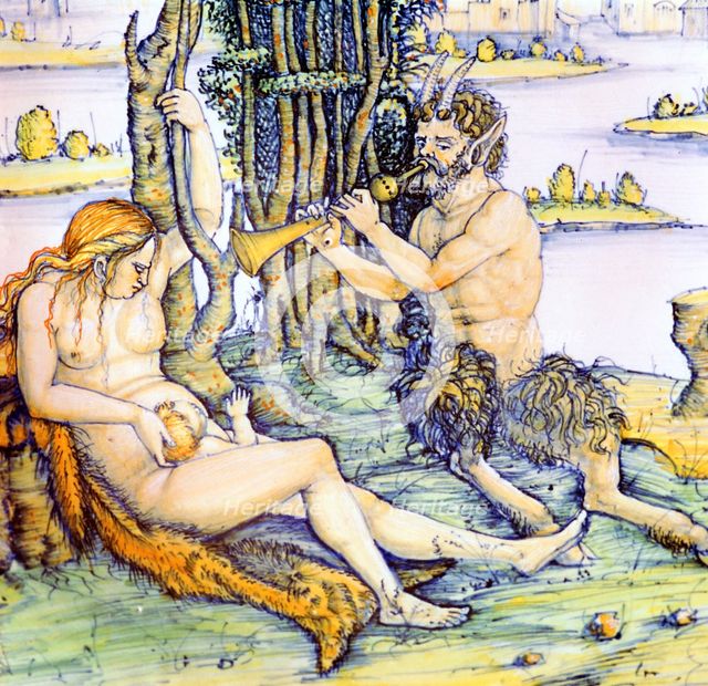 Italian earthenware plate showing the satyr family after Durer. Artist: Unknown