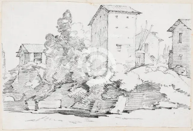 Italian Farm Buildings by a Stream, 1744/1750. Creator: Joseph-Marie Vien the Elder.