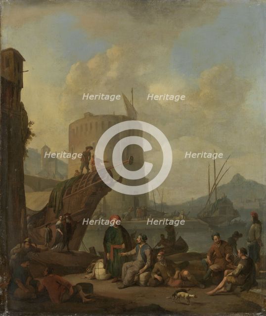 Italian Harbor with a Fortified Tower, 1664. Creator: Johannes Lingelbach.