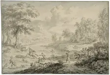 Italian landscape with wild boar hunting. Creator: Dirck Dalens II