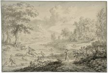Italian landscape with wild boar hunting. Creator: Dirck Dalens II