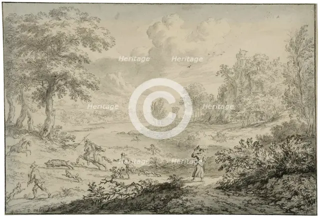 Italian landscape with wild boar hunting. Creator: Dirck Dalens II.