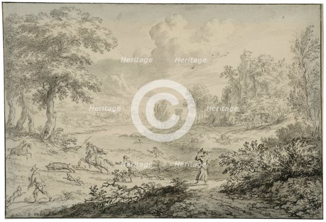 Italian landscape with wild boar hunting. Creator: Dirck Dalens II.