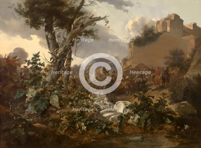 Italian Landscape with a Cavalry Battle, 1665-1670. Creator: Nicolaes Berchem.