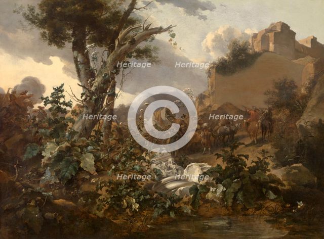 Italian Landscape with a Cavalry Battle, 1665-1670. Creator: Nicolaes Berchem.