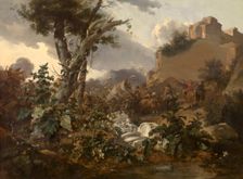 Italian Landscape with a Cavalry Battle, 1665-1670. Creator: Nicolaes Berchem