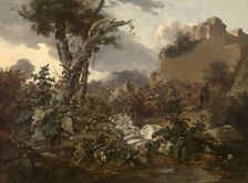 Italian Landscape with a Cavalry Battle, 1665-1670. Creator: Nicolaes Berchem