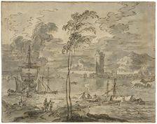 Italian landscape with a harbour, unknown date. Creator: Anon