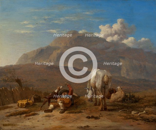 Italian Landscape with a Young Shepherd Playing with his Dog, c1647-1678. Creator: Karel Du Jardin.