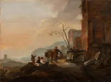 Italian Landscape with Figures at a Fountain among Antique Ruins, c1645-1650. Creator: Thomas Wijck