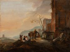Italian Landscape with Figures at a Fountain among Antique Ruins, c1645-1650. Creator: Thomas Wijck
