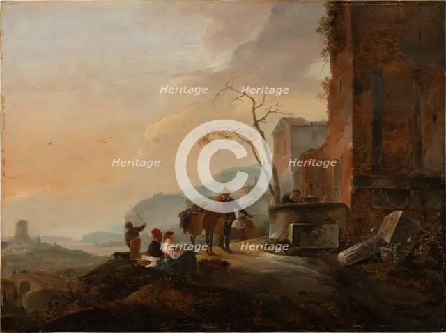 Italian Landscape with Figures at a Fountain among Antique Ruins, c1645-1650. Creator: Thomas Wijck.