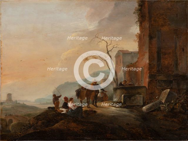 Italian Landscape with Figures at a Fountain among Antique Ruins, c1645-1650. Creator: Thomas Wijck.