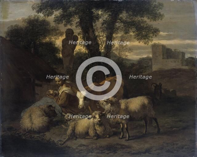 Italian Landscape with Shepherdess and Flocks, 1708. Creator: Simon van der Does.