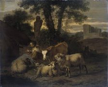 Italian Landscape with Shepherdess and Flocks, 1708. Creator: Simon van der Does