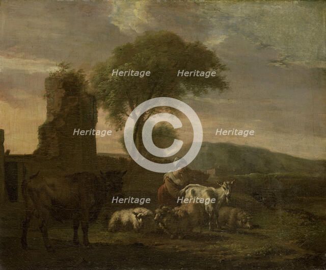 Italian Landscape with Shepherdess and Flocks, 1712. Creator: Simon van der Does.
