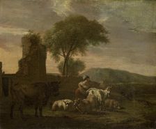 Italian Landscape with Shepherdess and Flocks, 1712. Creator: Simon van der Does