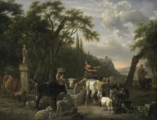 Italian Landscape with Shepherds and Animals at a Fountain, 1780-1810. Creator: Jean-Louis Demarne