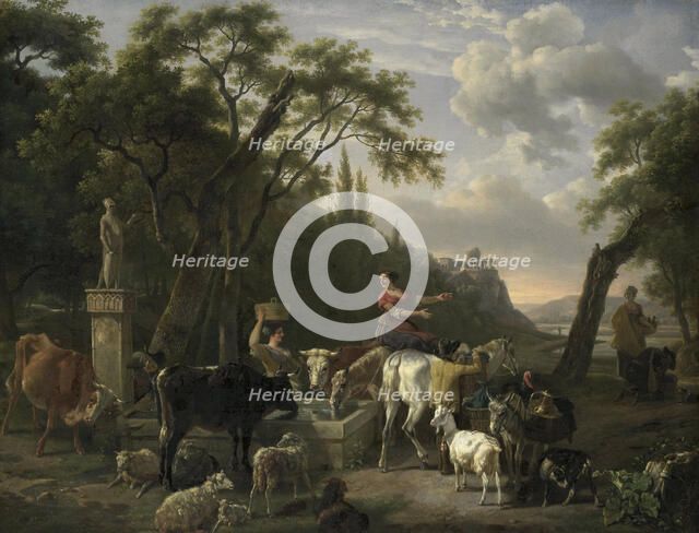 Italian Landscape with Shepherds and Animals at a Fountain, 1780-1810. Creator: Jean-Louis Demarne.
