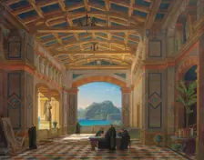 Italian monastery hall with Benedictine monks and a view of Capri, 1855. Creator: Klenze; Leo; von (1784-1864)