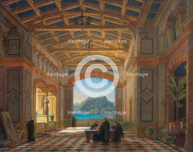 Italian monastery hall with Benedictine monks and a view of Capri, 1855. Creator: Klenze; Leo; von (1784-1864).