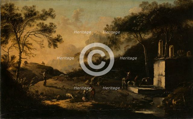 Italian Mountain Landscape with Travelers at a Well, 1650-1700. Creator: Hans de Jode.