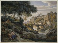Italian mountain landscape with a stone bridge, 1827. Creator: Ernst Fries