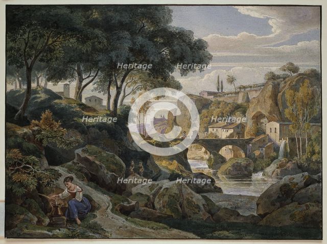 Italian mountain landscape with a stone bridge, 1827. Creator: Ernst Fries.