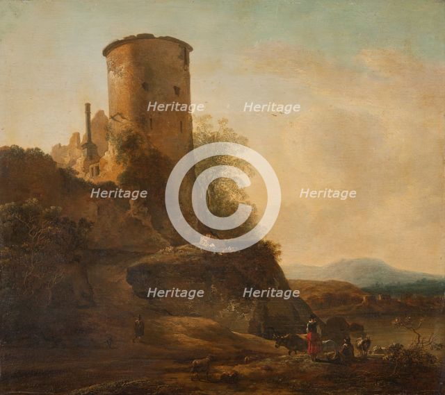 Italian mountain landscape with castle ruins, animals and figures, first half of 17th century. Creator: Adam Pynacker.