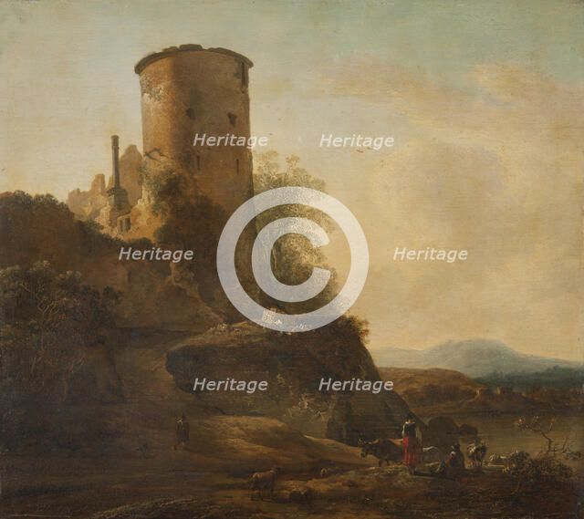 Italian mountain landscape with castle ruins, animals and figures, first half of 17th century. Creator: Adam Pynacker.