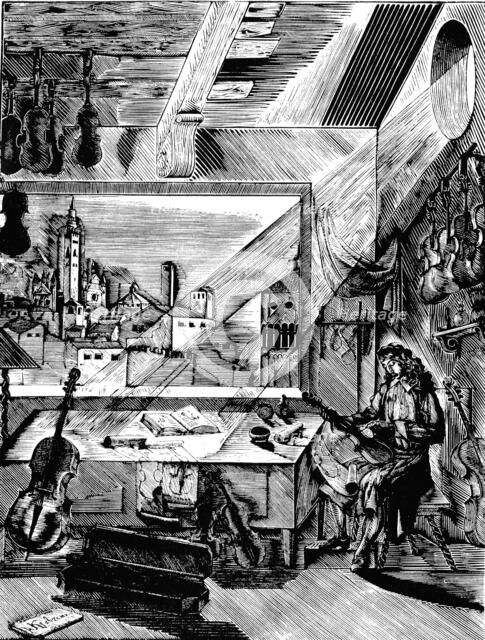 Italian musical instrument maker Antonio Stradivari in his workshop, (1926).  Artist: Aleksey Kravchenko